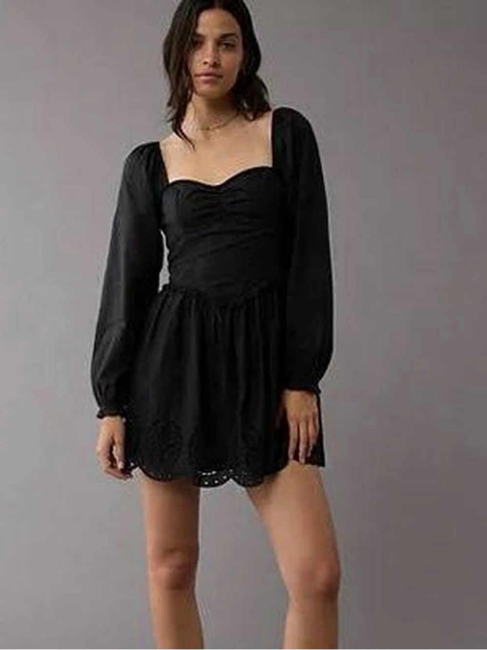 American Eagle Outfitters Black Long Sleeve Mini Dress with Eyelet Hem